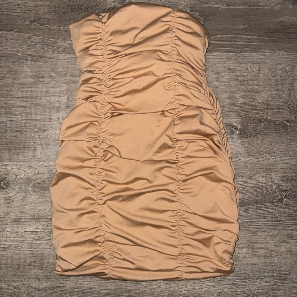 Elegant Tan Ruched Dress
